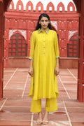 MERAKI YELLOW PLEALTED EMBROIDED KURTA